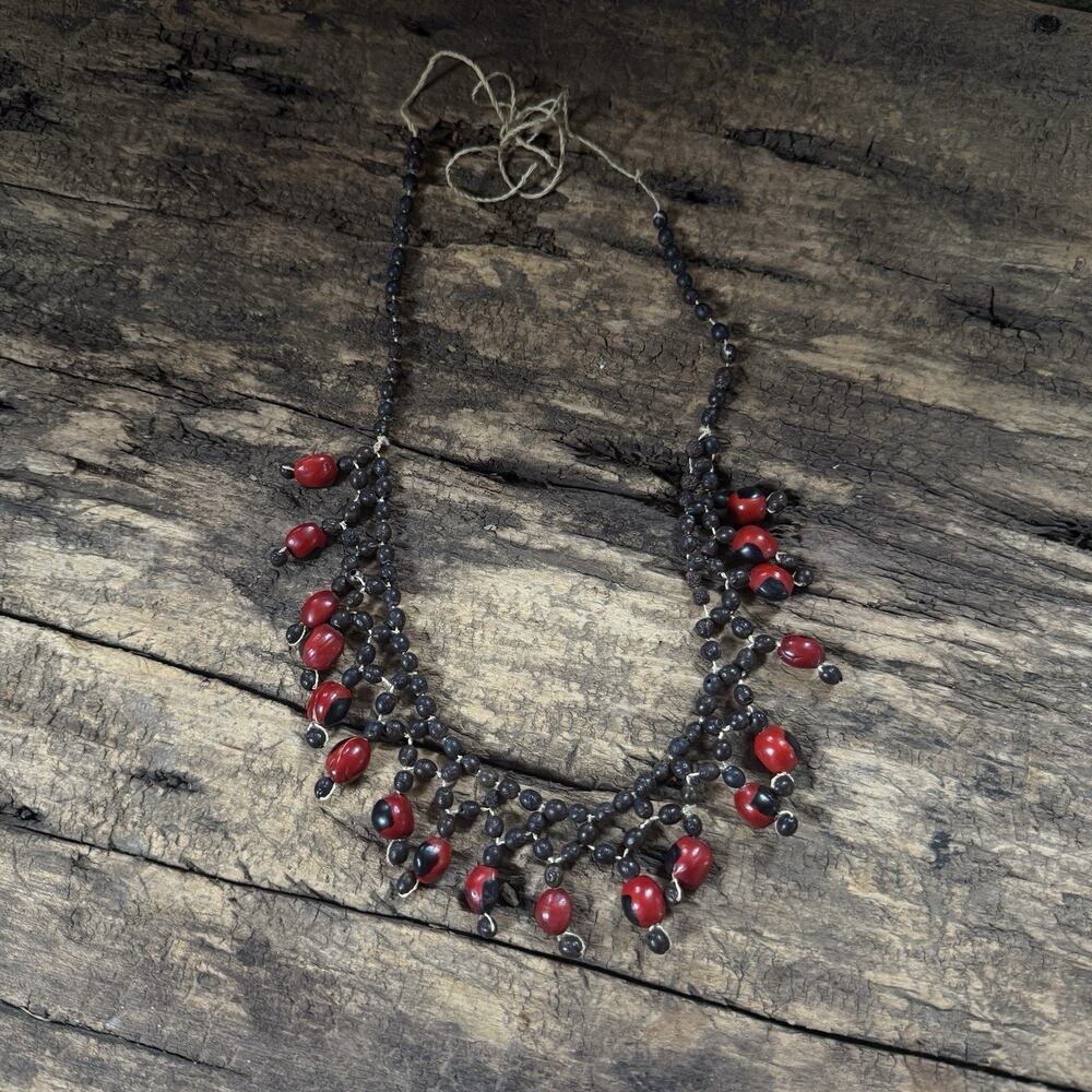 Vintage Tribal Black & Red Huayruro Seeds W/ Natural Brown Seeds Hand Strung